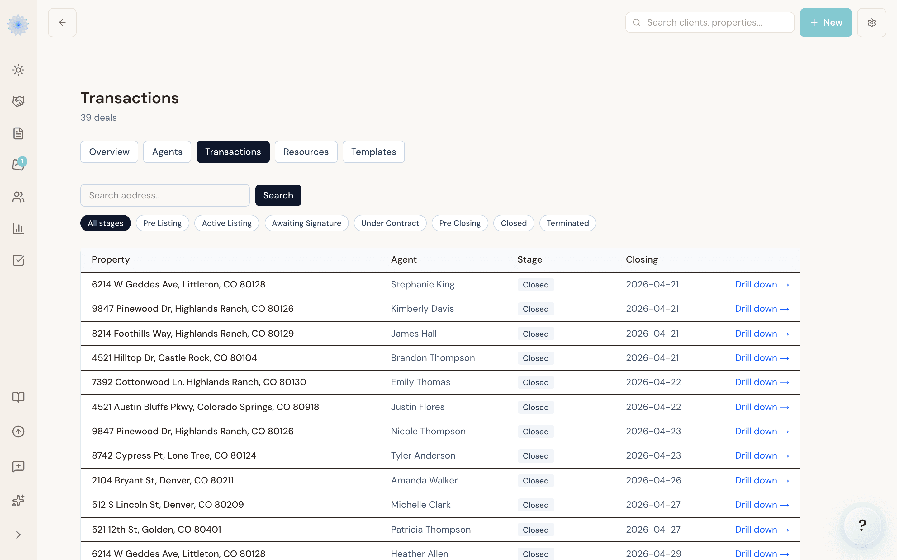 Broker dashboard transactions view with pipeline stages