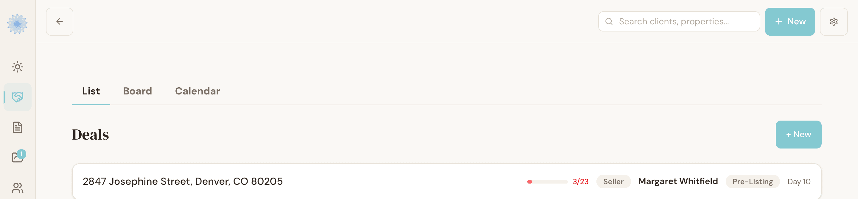 Transaction list where each deal carries its client portal link