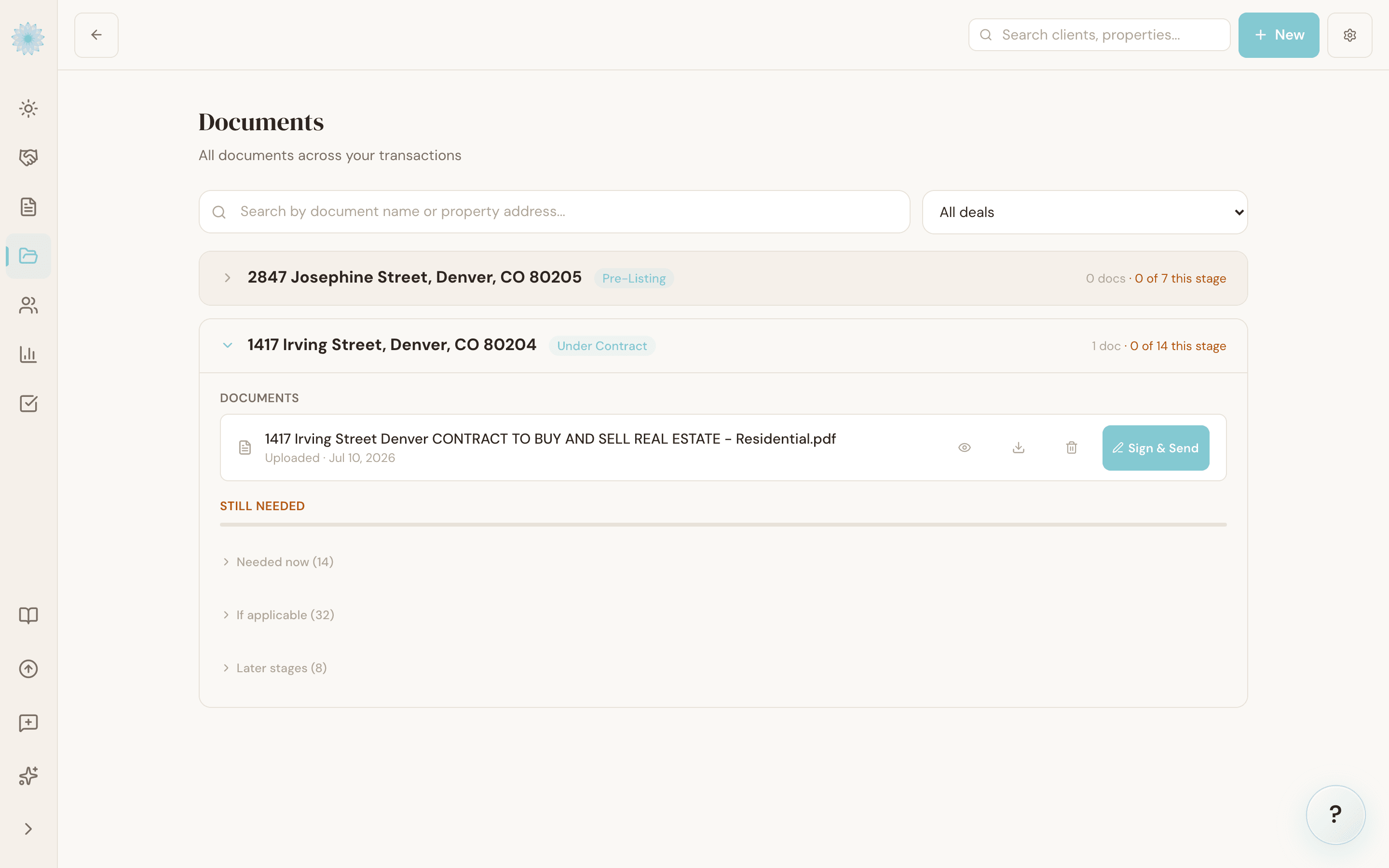Documents hub showing signing status for contract documents