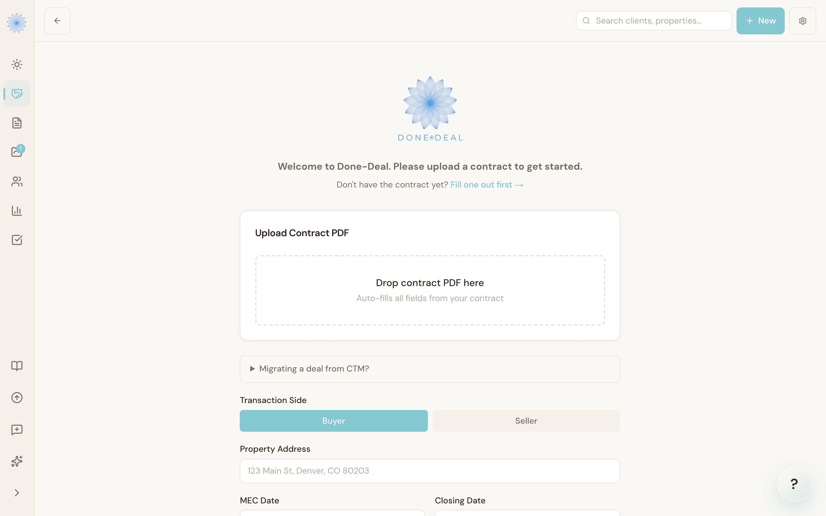 New transaction screen accepting an uploaded contract PDF