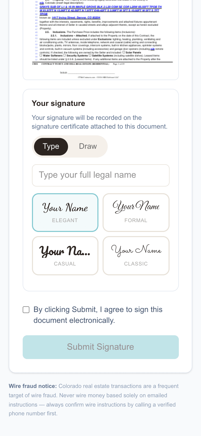 Client signing a contract from their phone — one tap from the email link