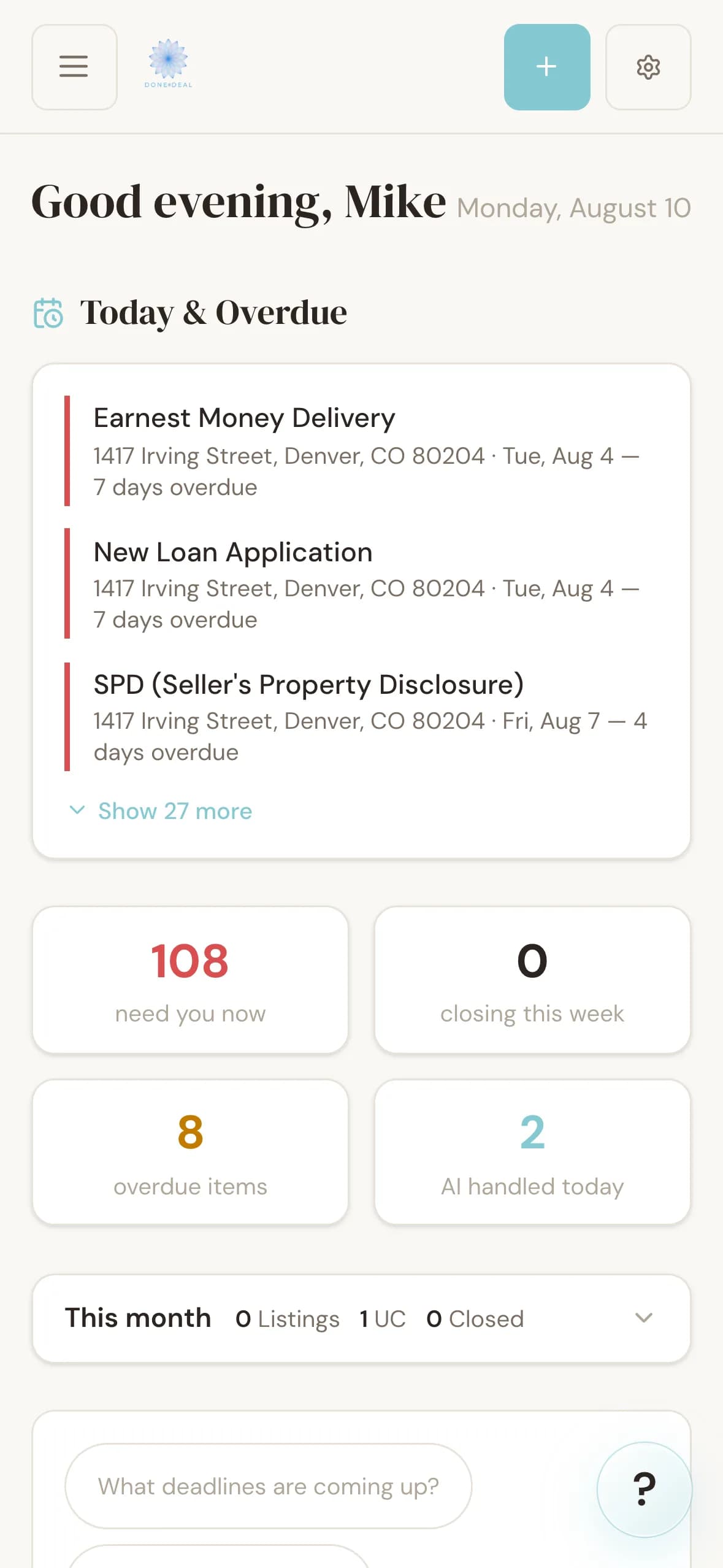 Done-Deal home dashboard on a phone