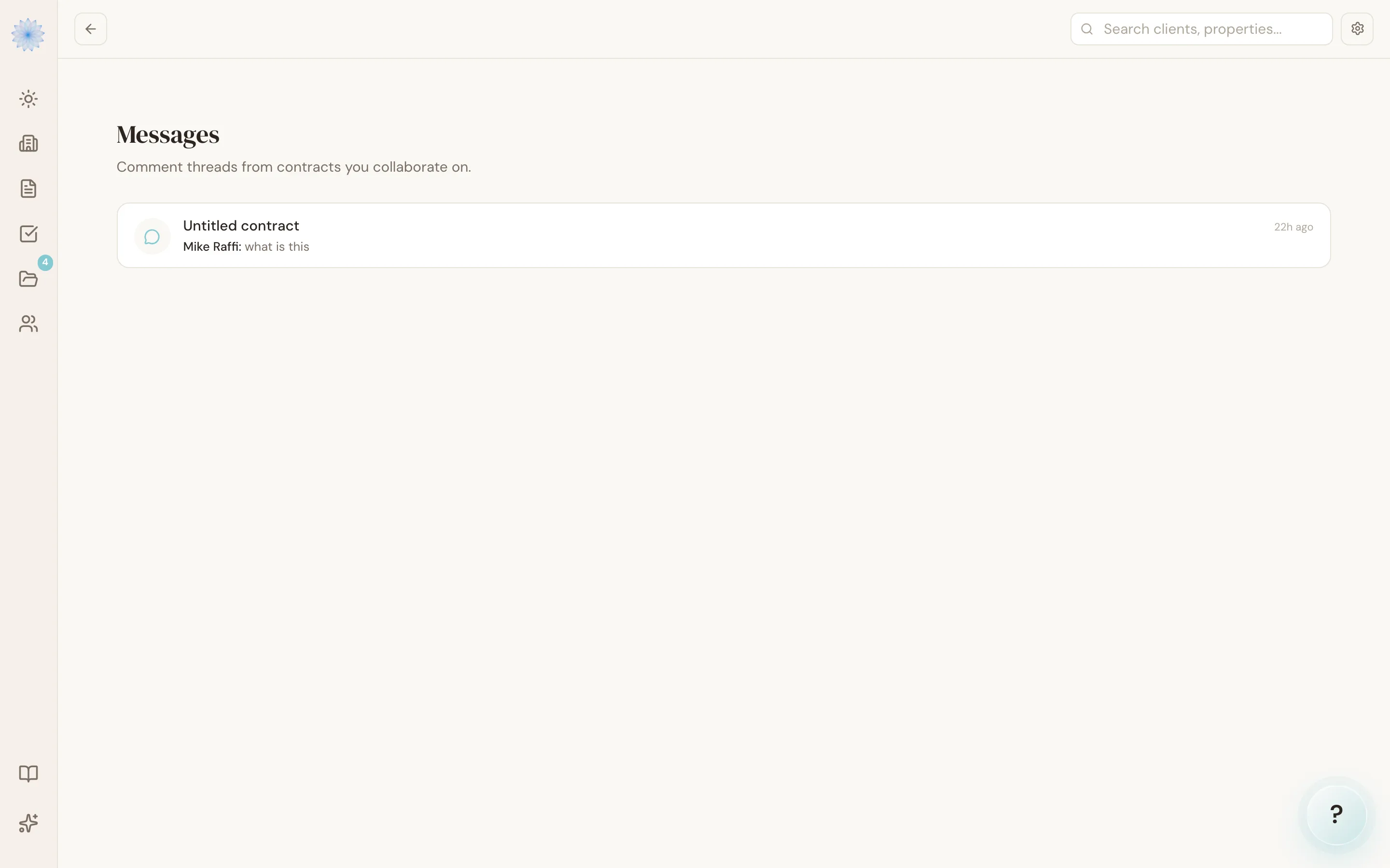 The Messages inbox, showing comment threads from contracts you collaborate on