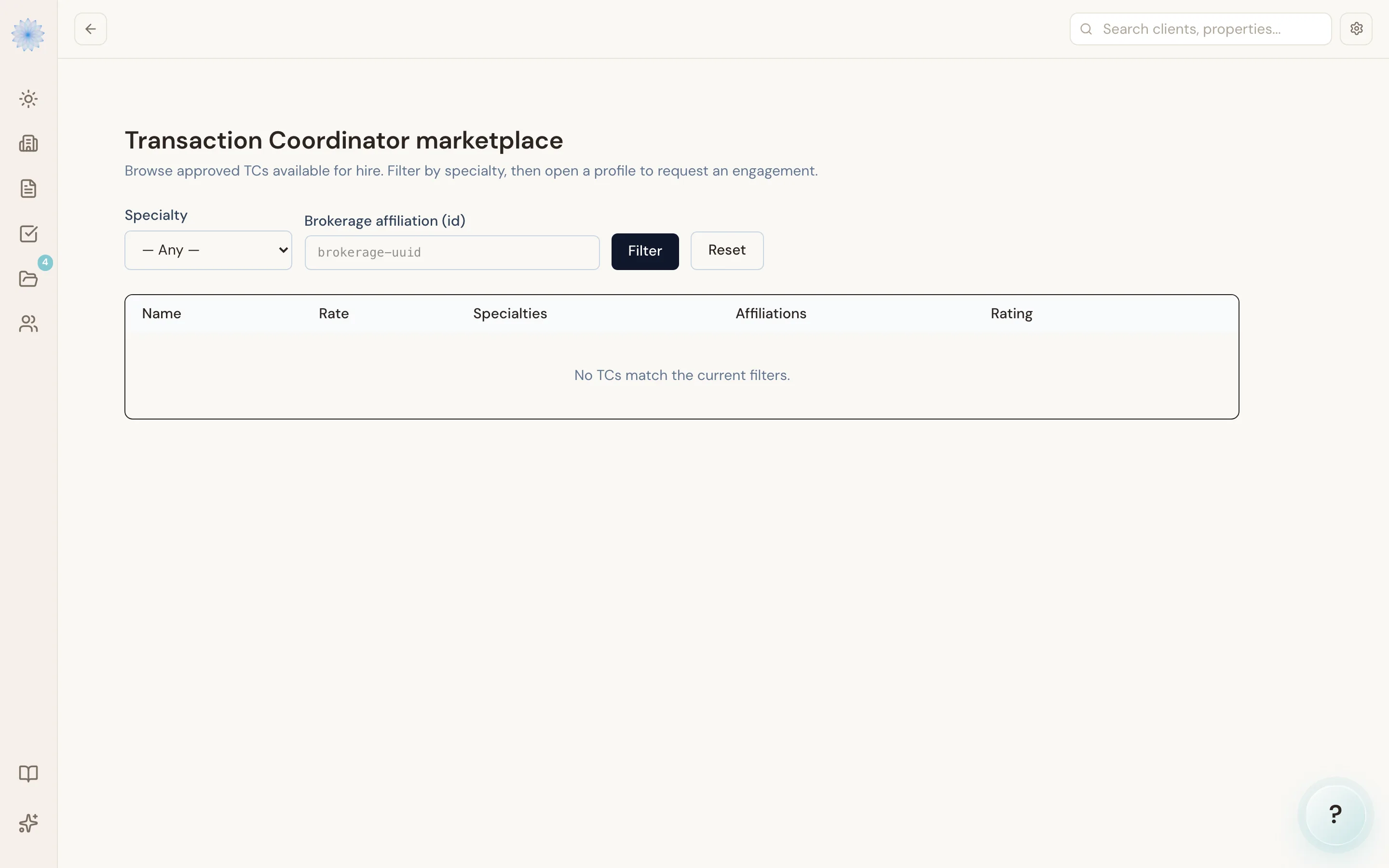 The TC Marketplace browse page with specialty and brokerage filters