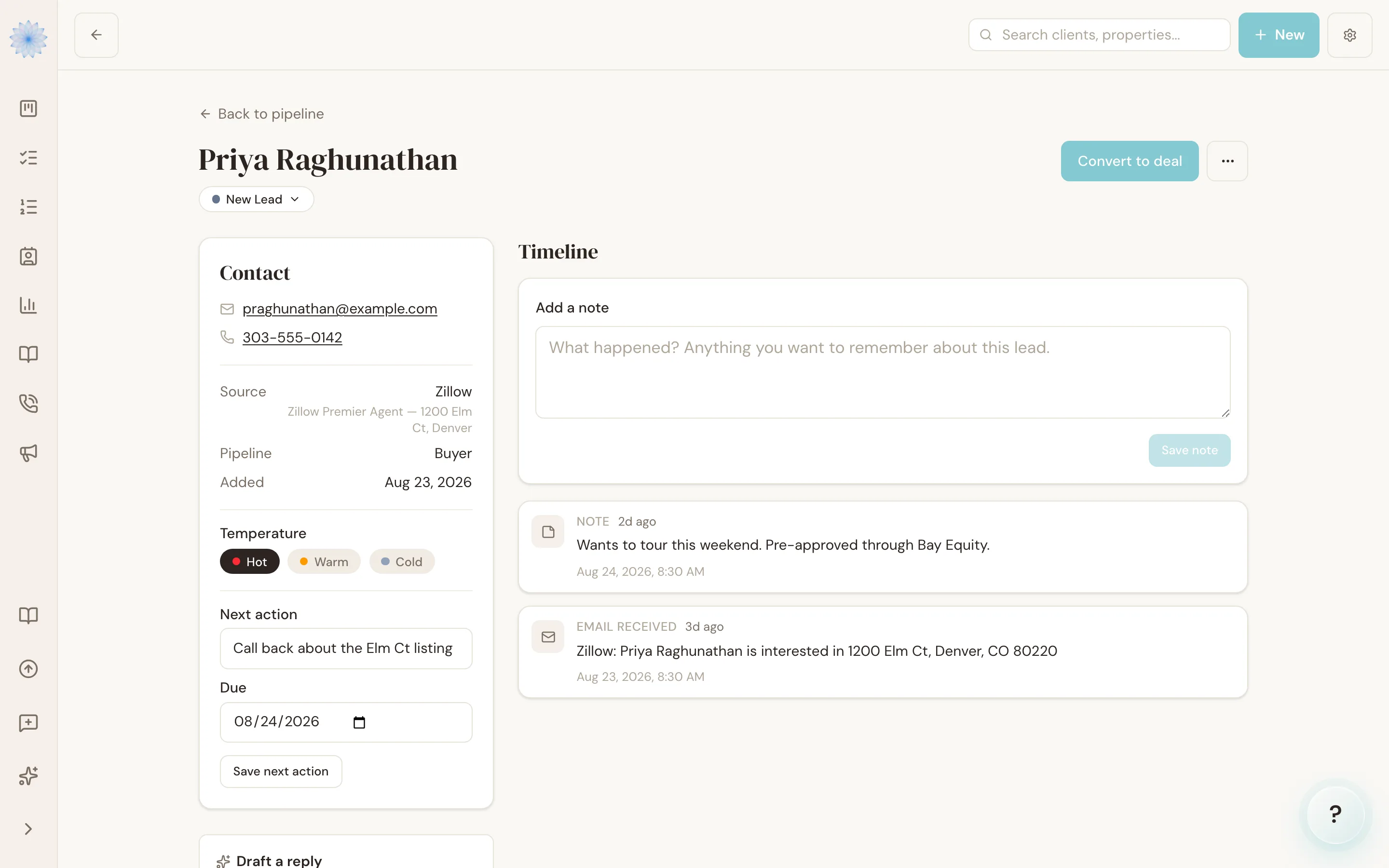 A lead's page with contact card and timeline