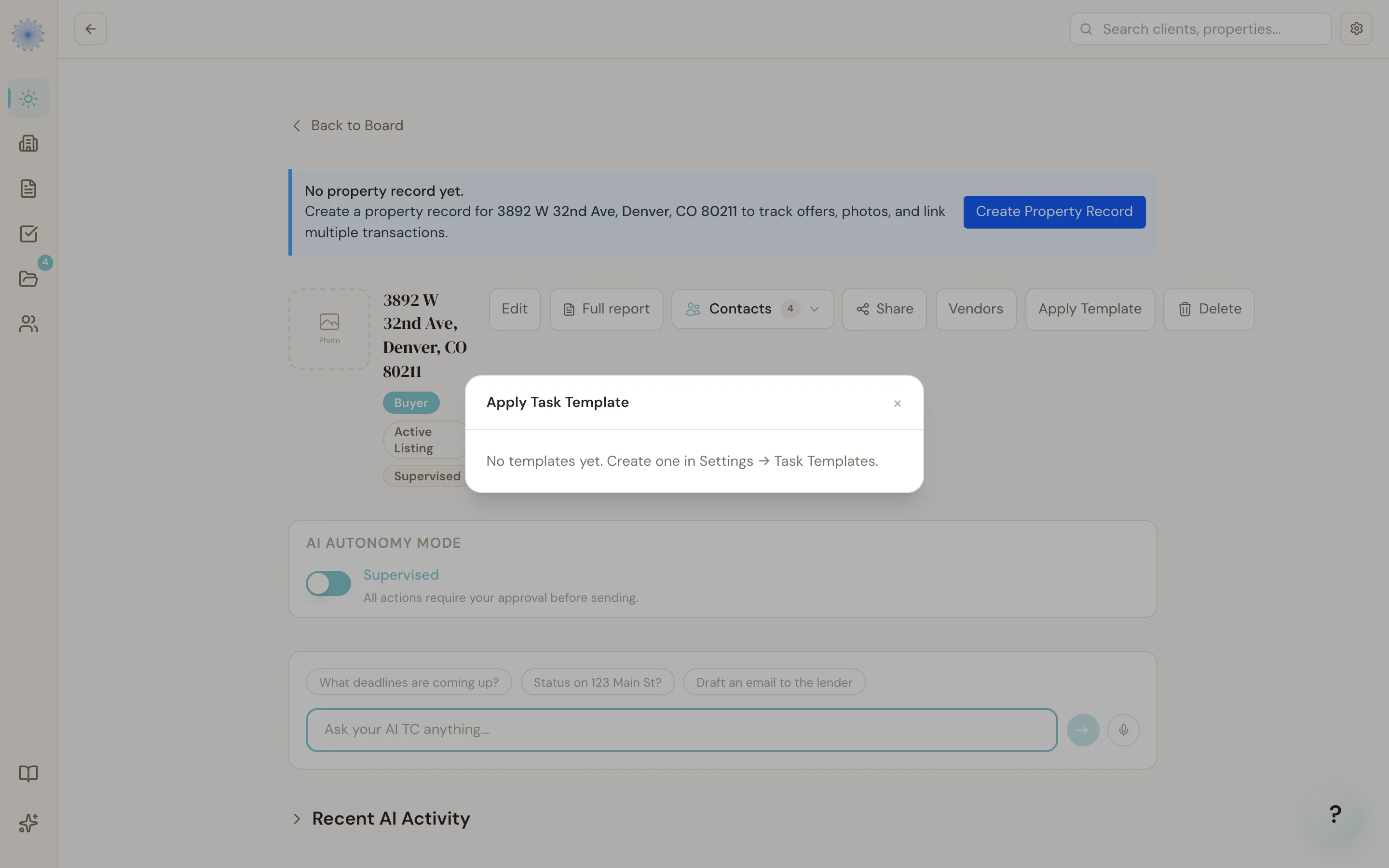 The Apply Template modal open on a transaction