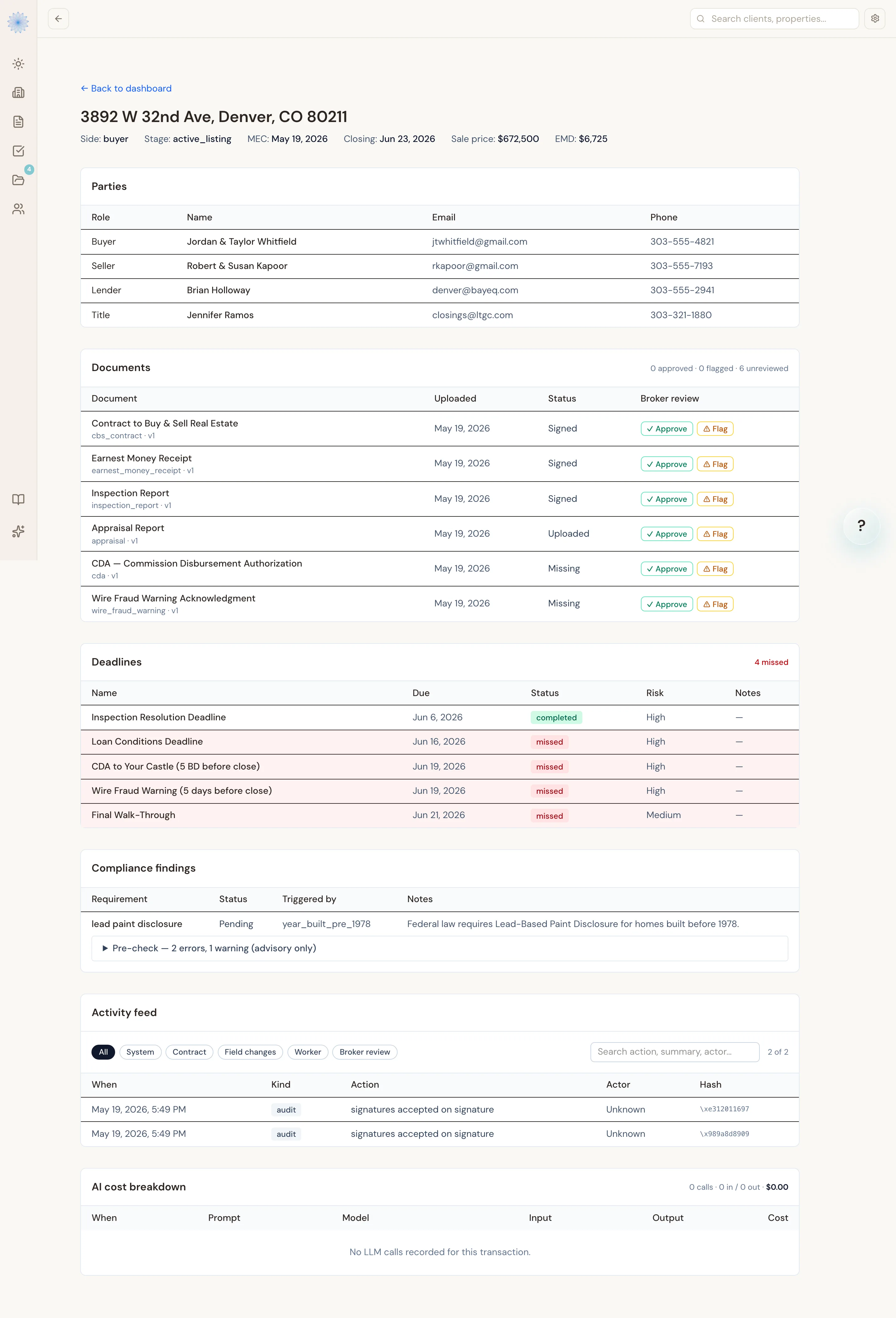 The broker view of a transaction, showing the Compliance findings table with a triggered requirement