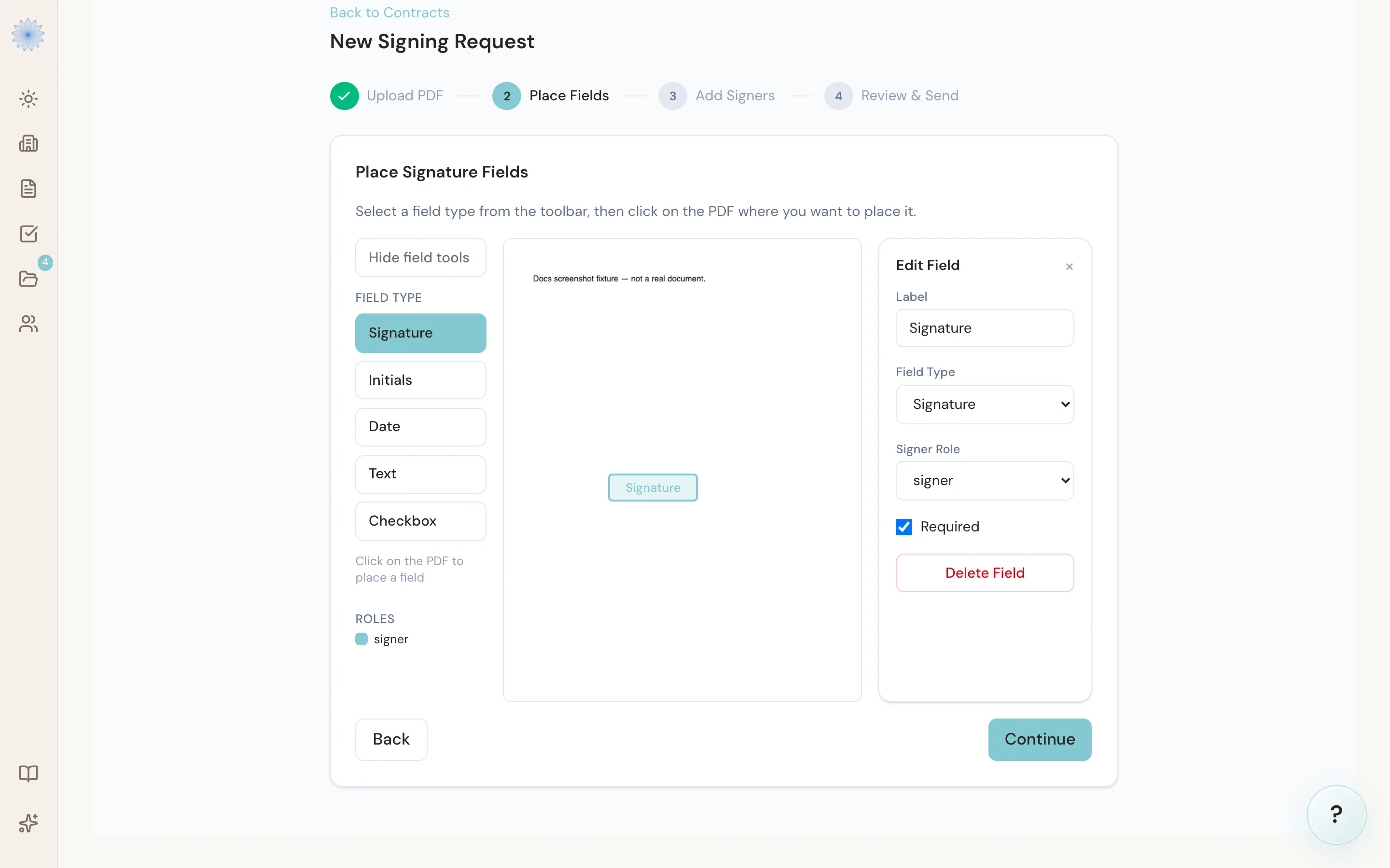 The Place Signature Fields step, with a Signature field placed on the uploaded PDF