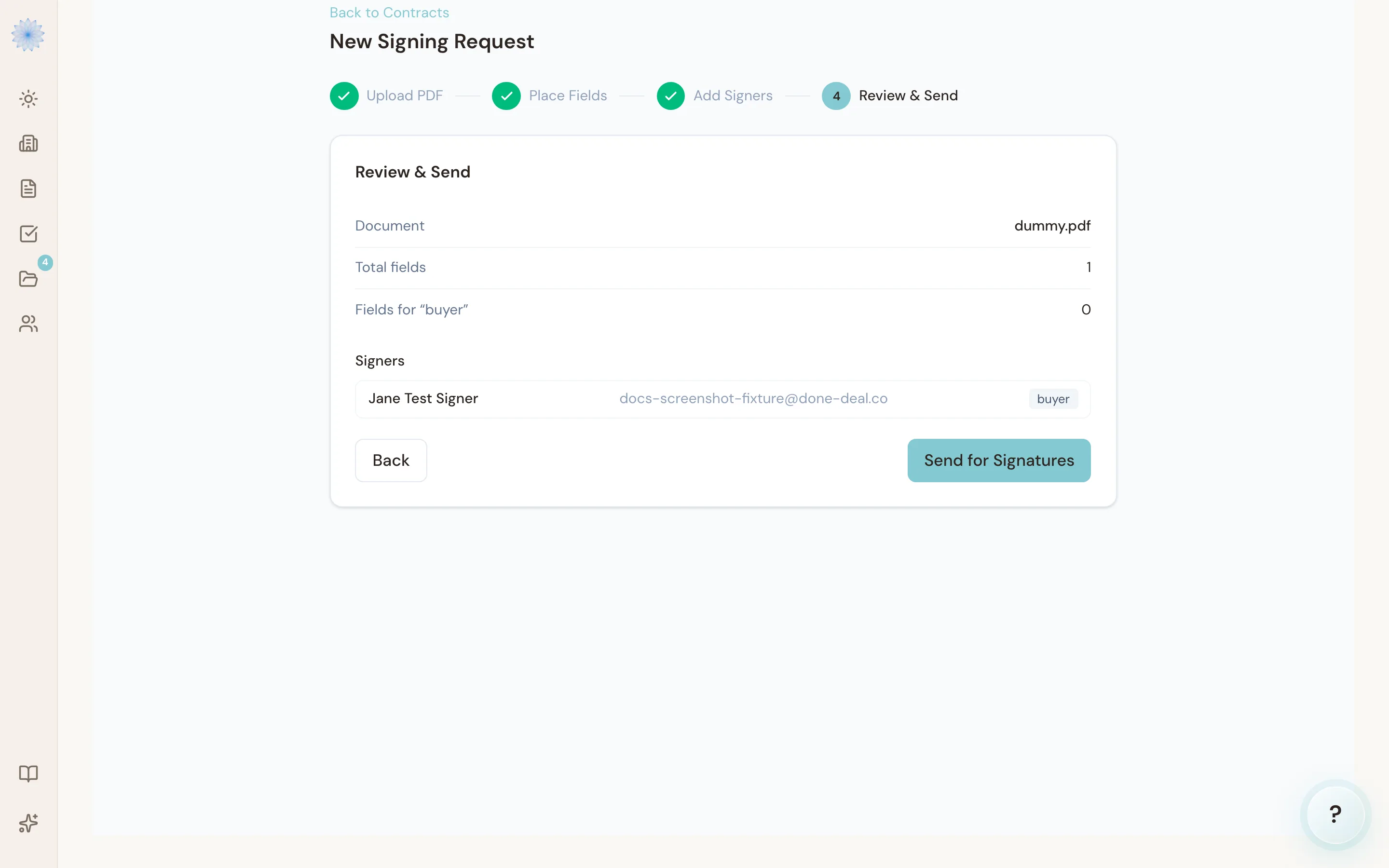The Review & Send step, showing the document, one signer, and the field count before sending