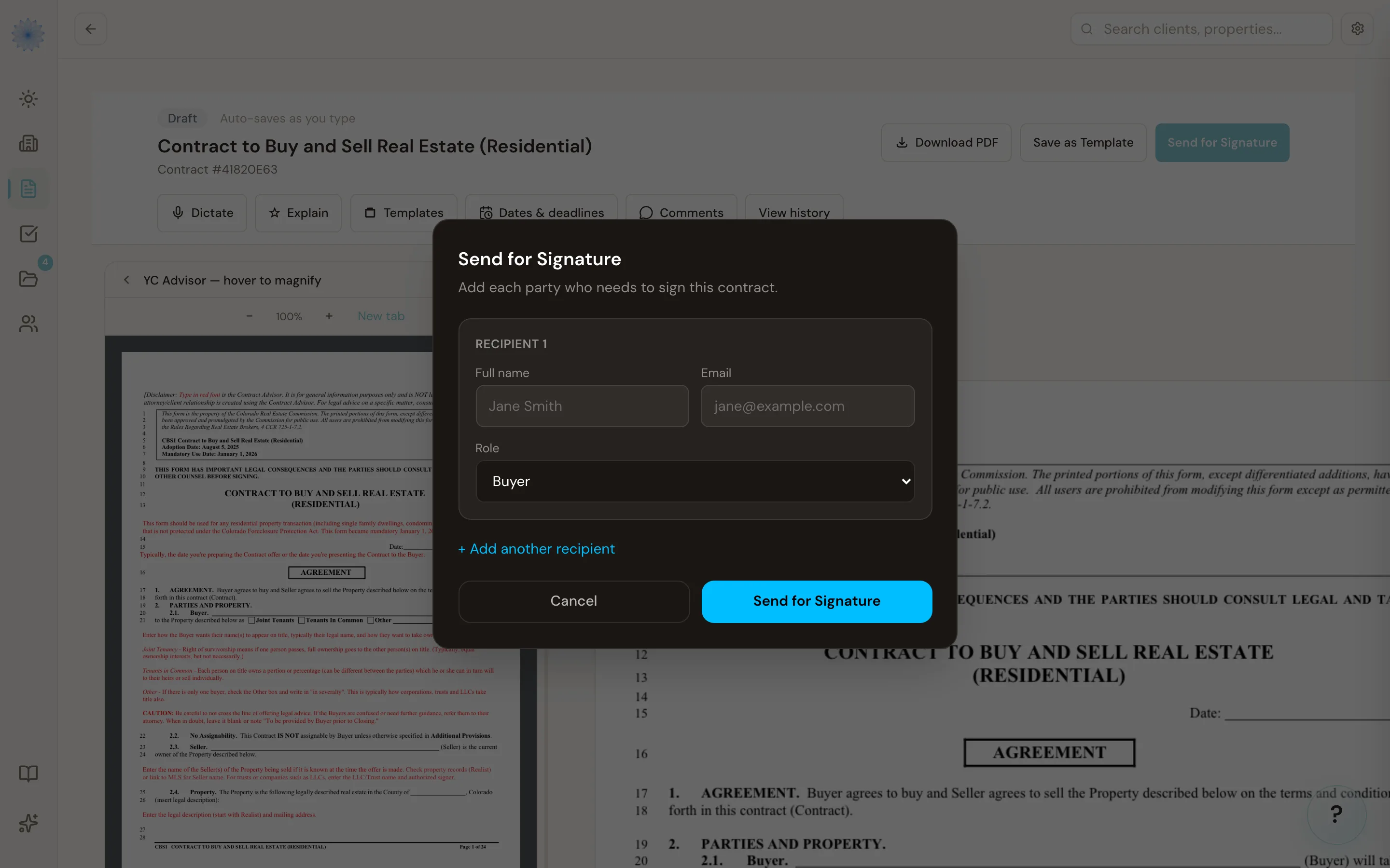 The Send for Signature modal, ready to add a recipient before sending