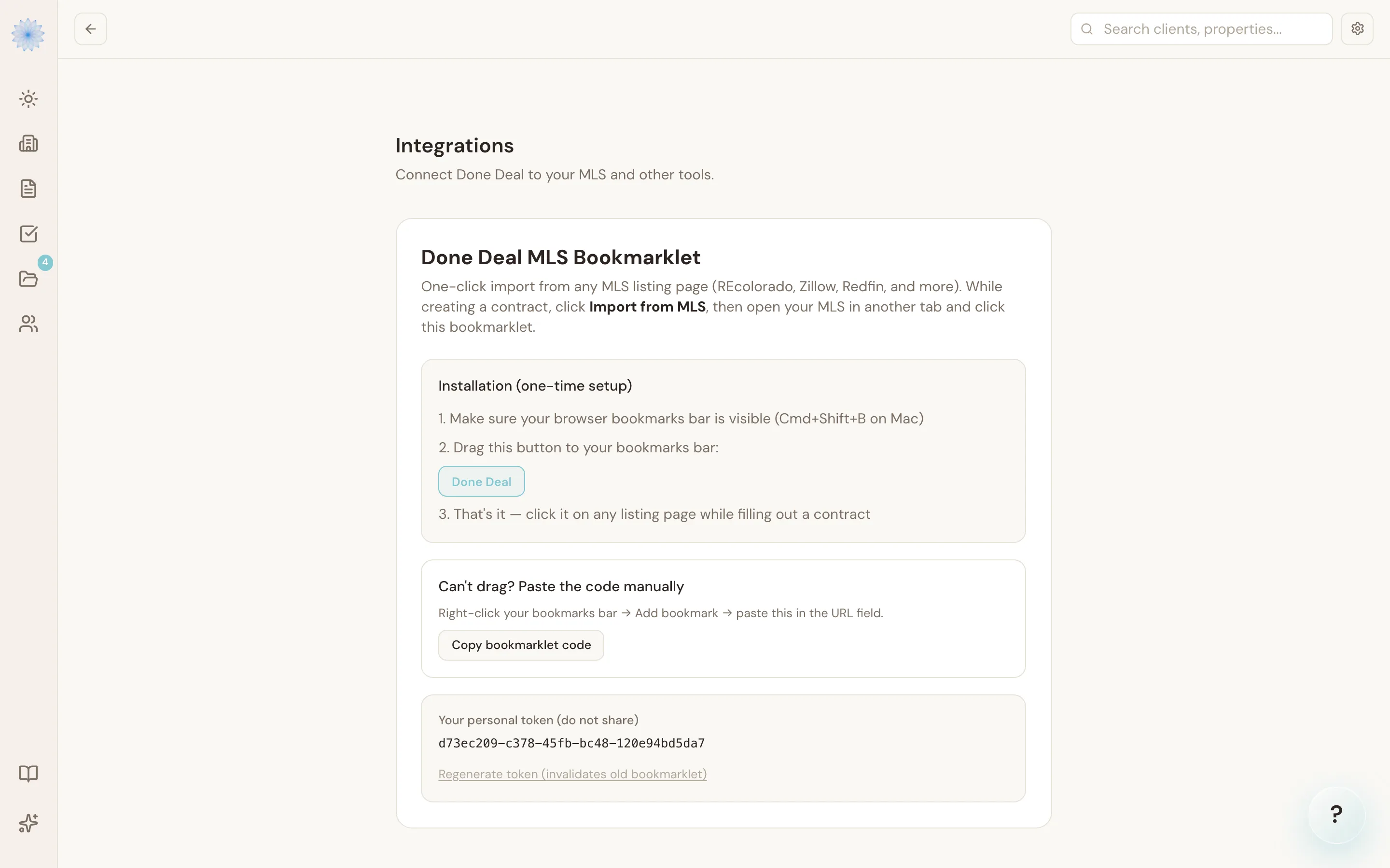 The MLS bookmarklet install panel, with the draggable bookmarklet button and personal token