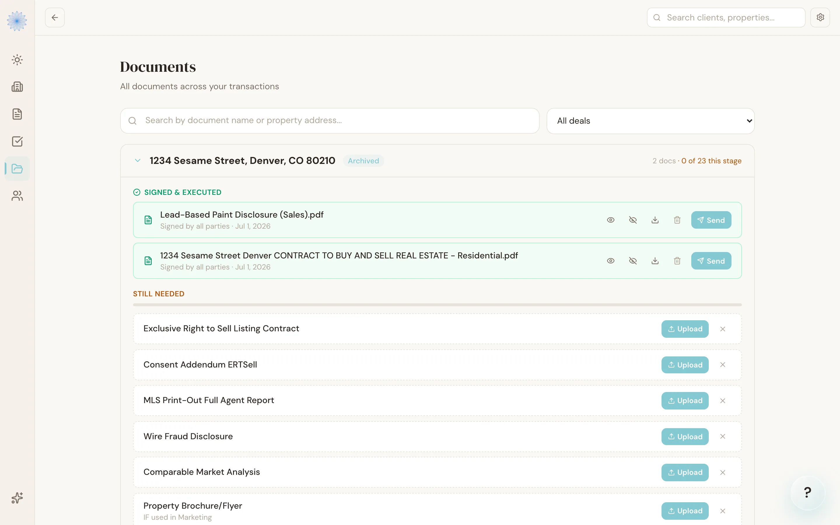 The Documents hub, showing uploaded and received files