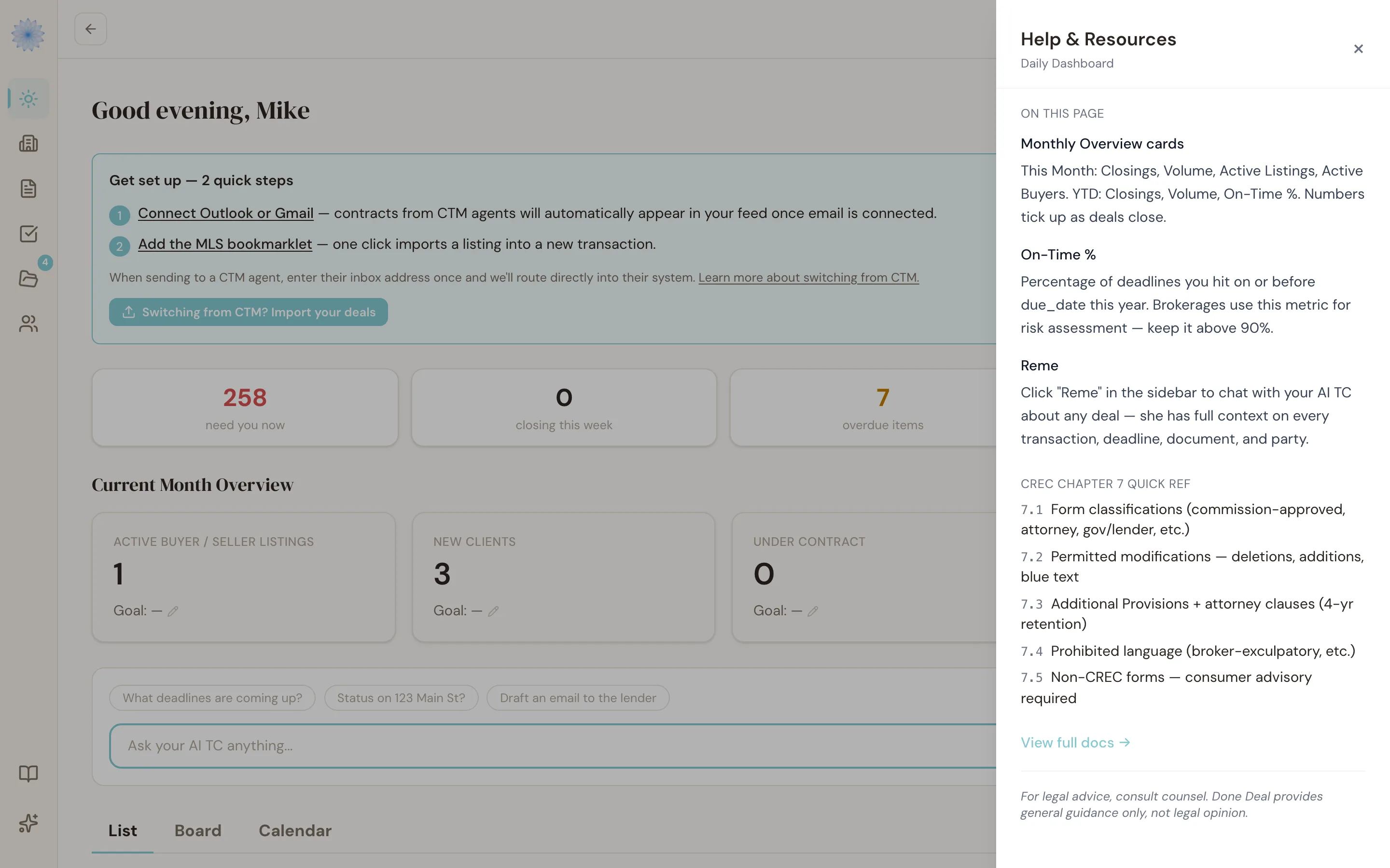 The Help & Resources drawer open, showing on-page tips and the CREC Chapter 7 quick reference
