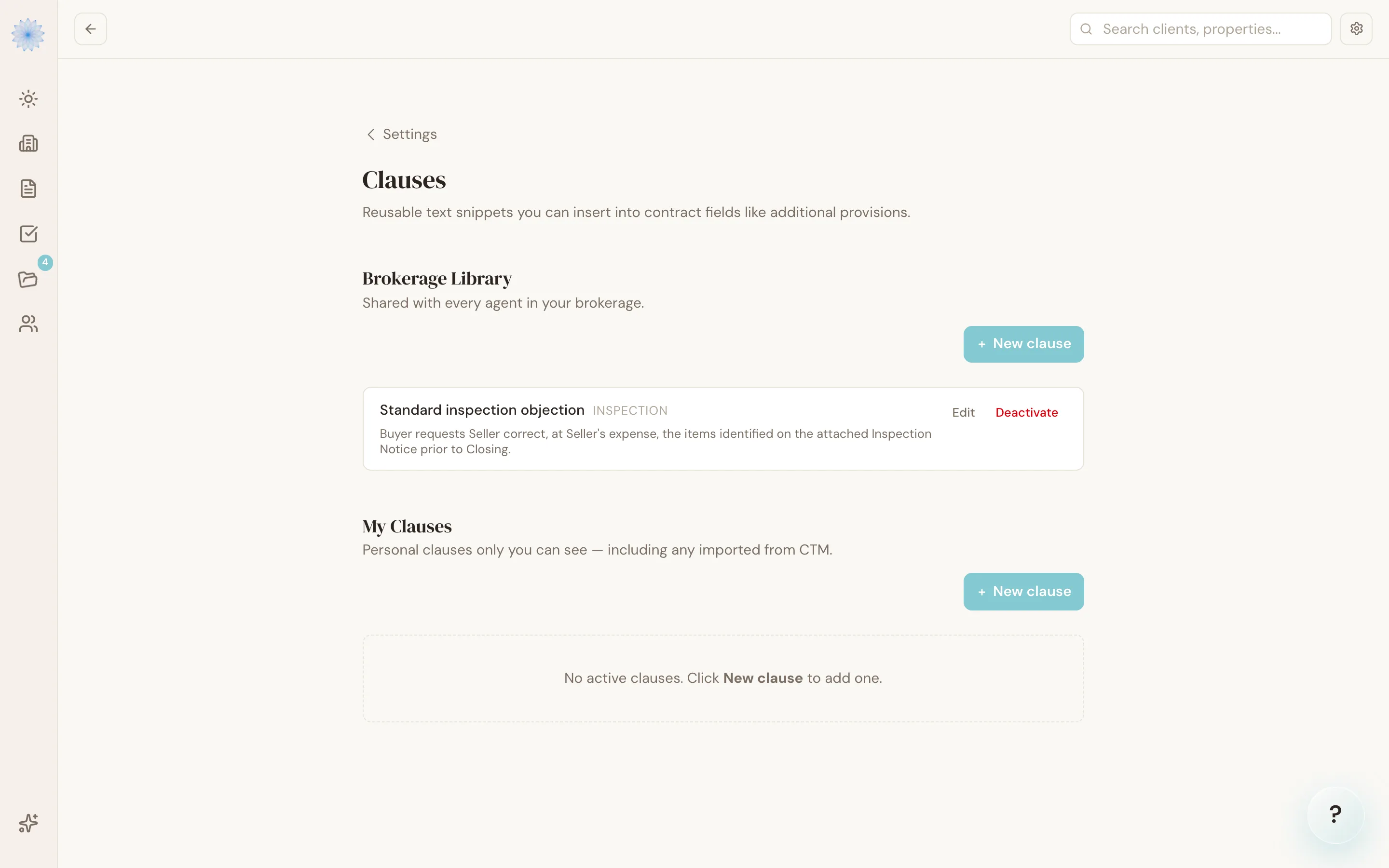 The Clauses library in Settings