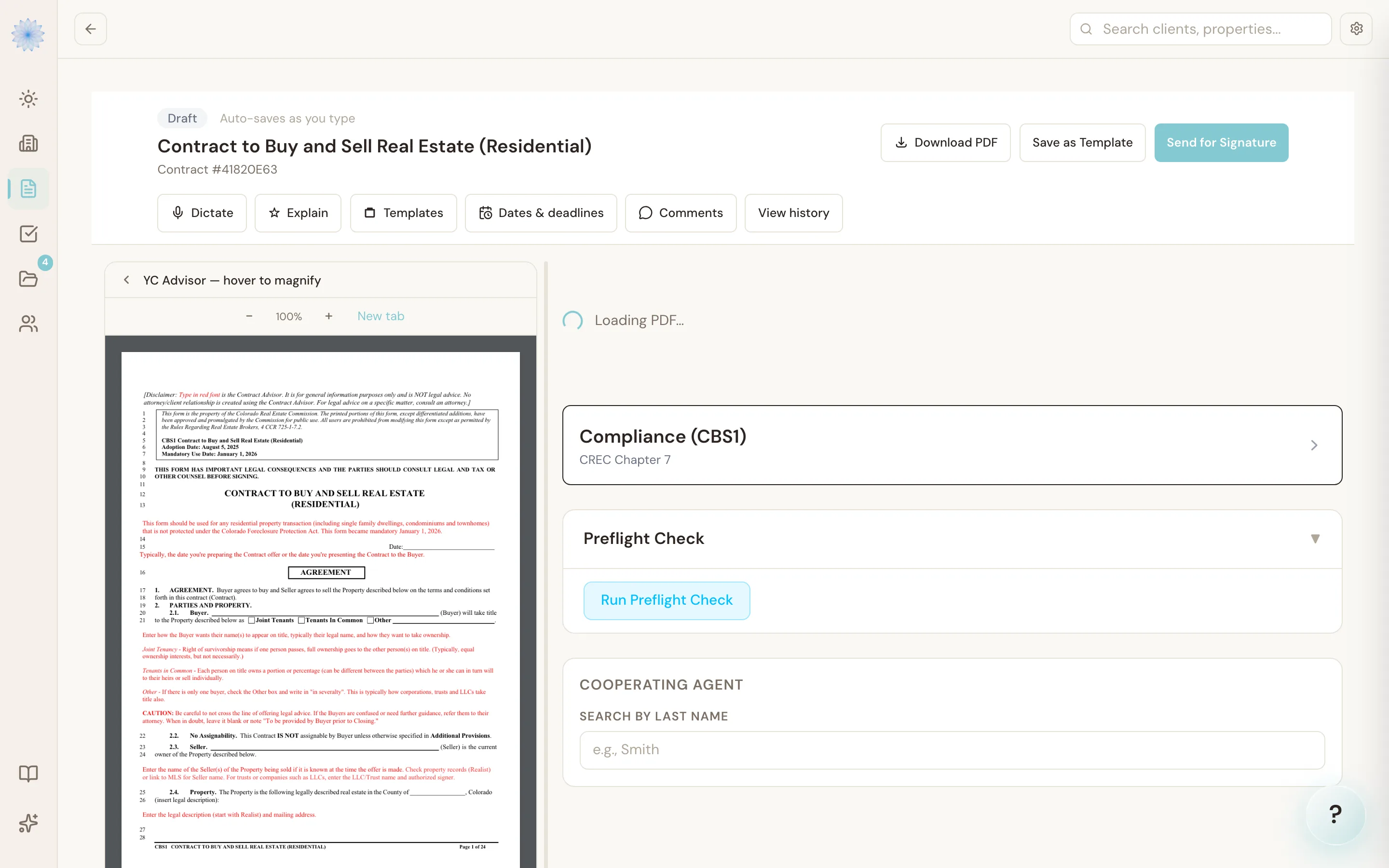 The contract editor, showing a CBS1 draft with the toolbar and blue-ink filled-in fields