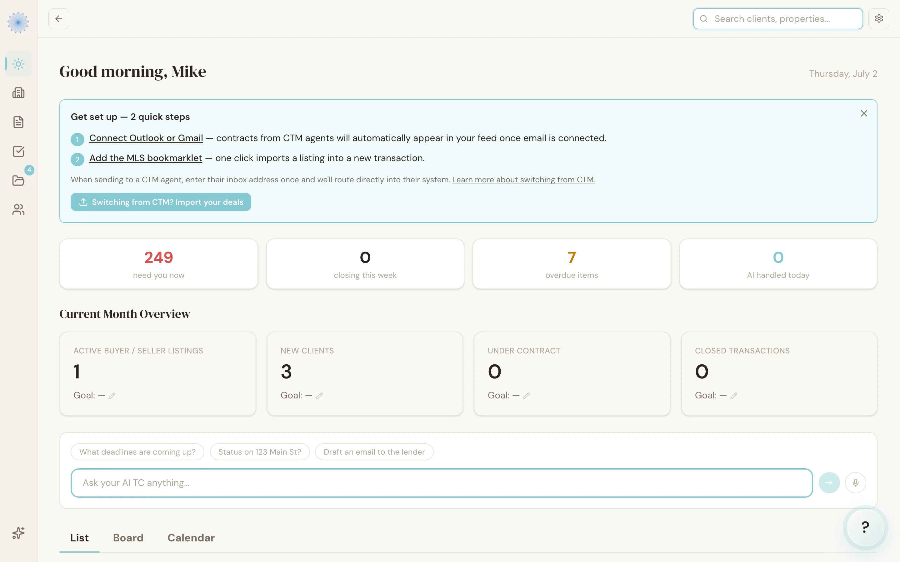The global search box open, ready to search clients and properties