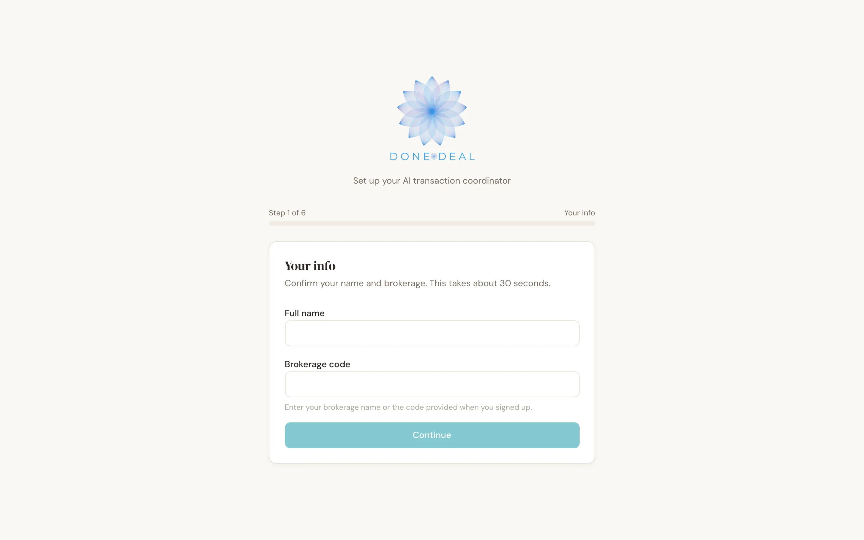 Step 1 of the onboarding wizard, confirming your name and brokerage