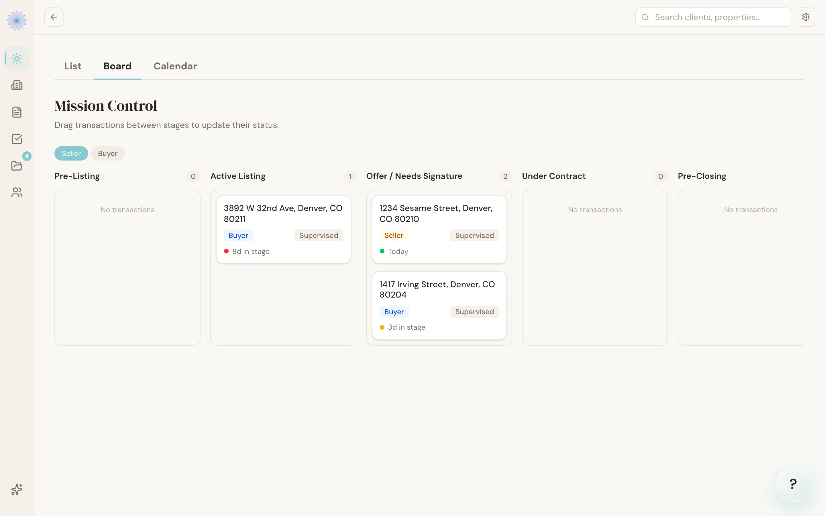 The Kanban board, showing transactions grouped by stage as draggable cards