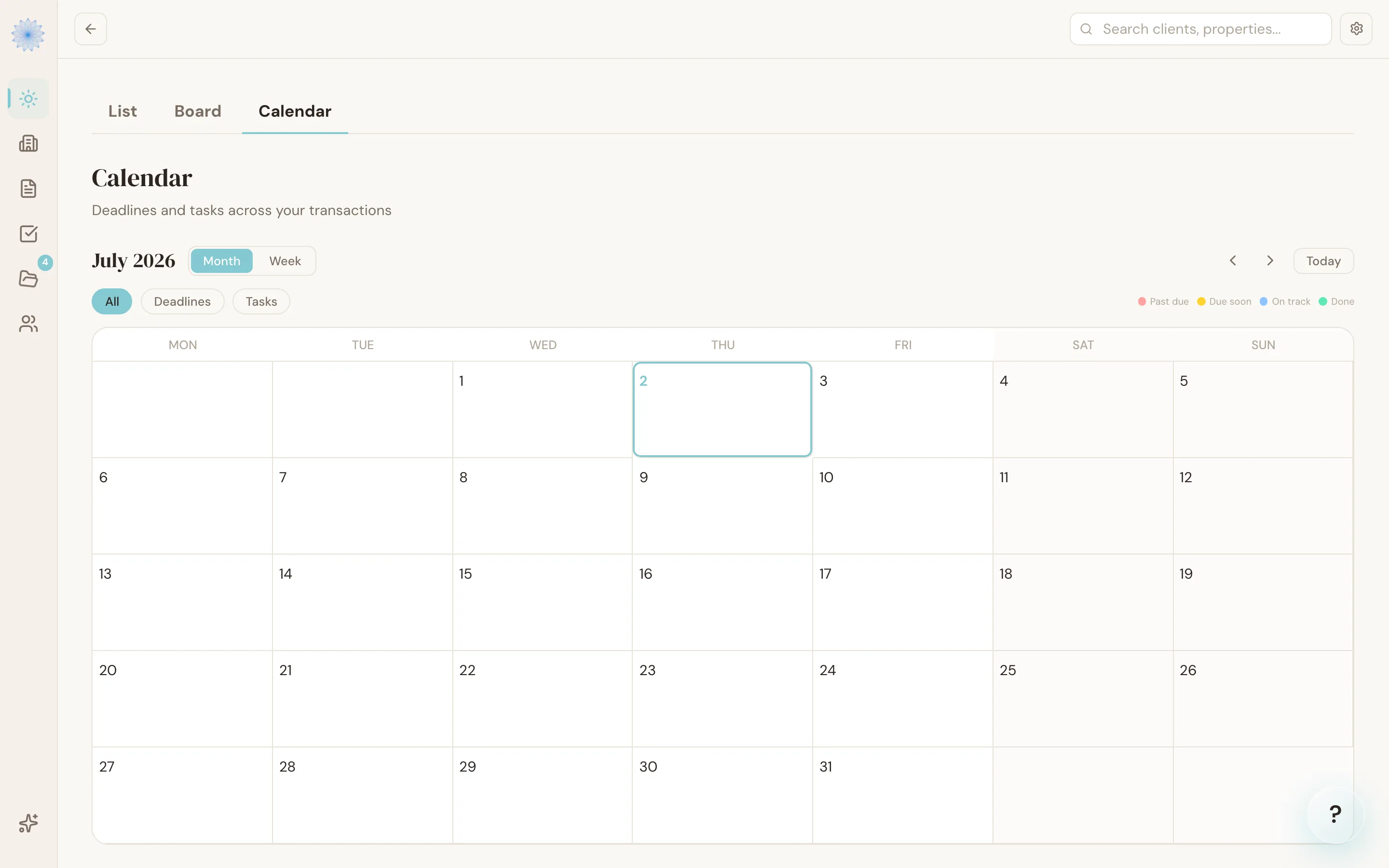 The Calendar view of upcoming transaction deadlines