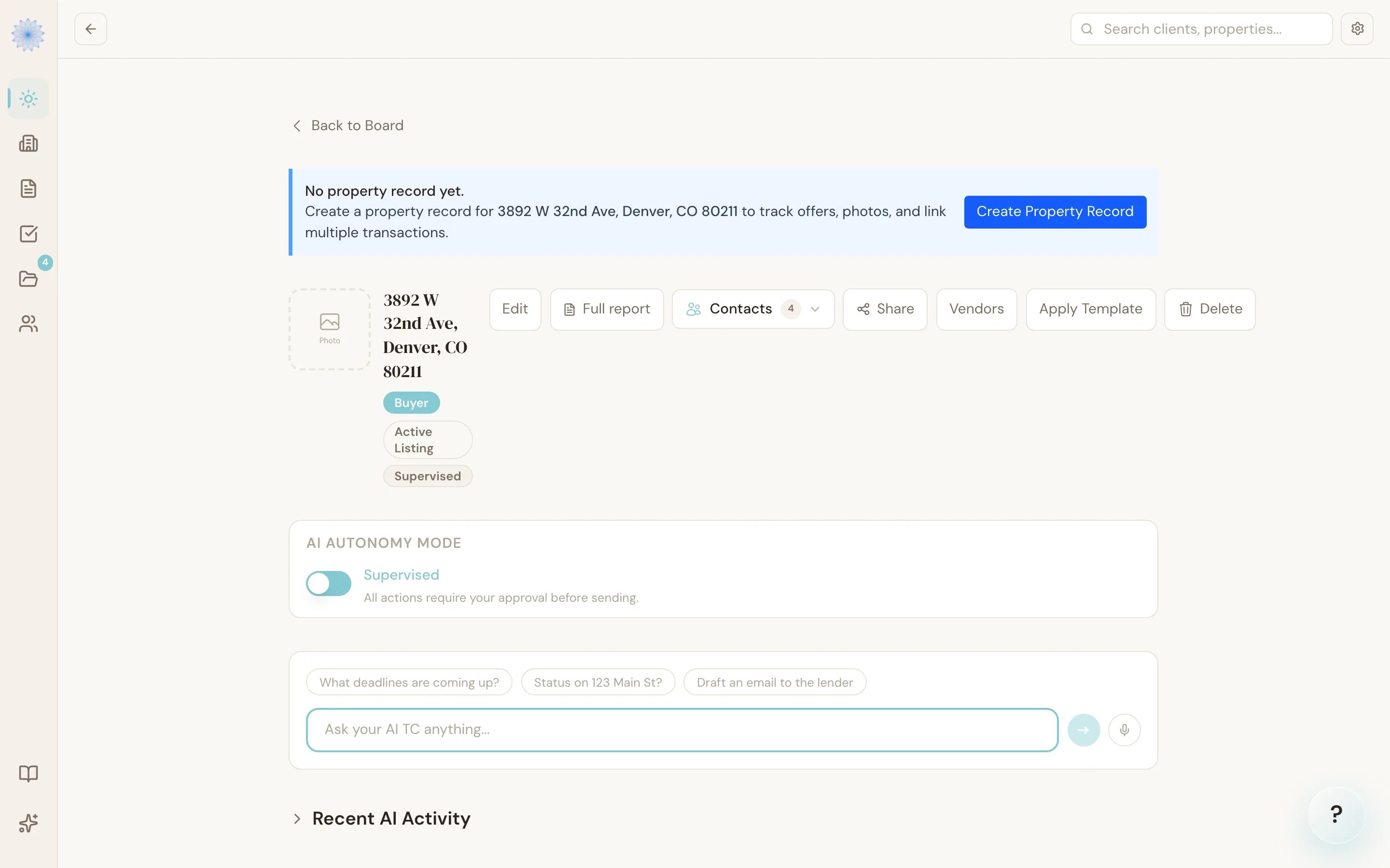 A transaction detail page, showing action buttons, AI Autonomy Mode, and the Ask your AI TC box