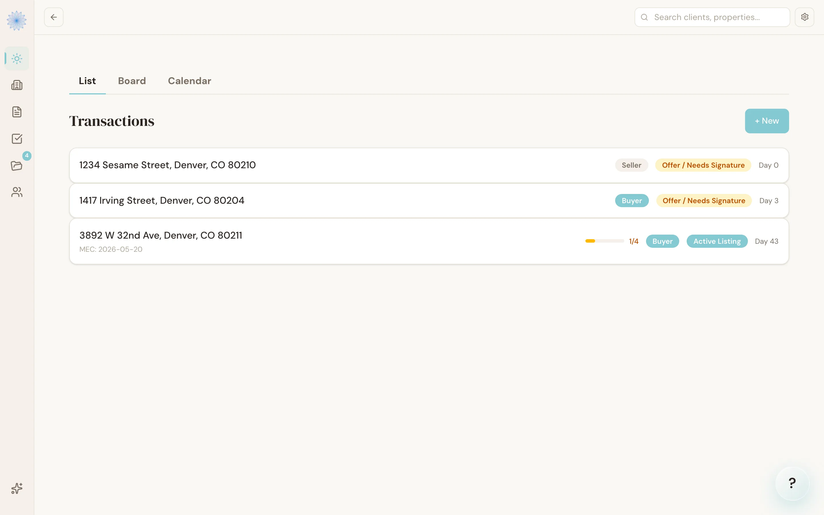 The Transactions list, showing property address, side, stage, and days since MEC for each deal