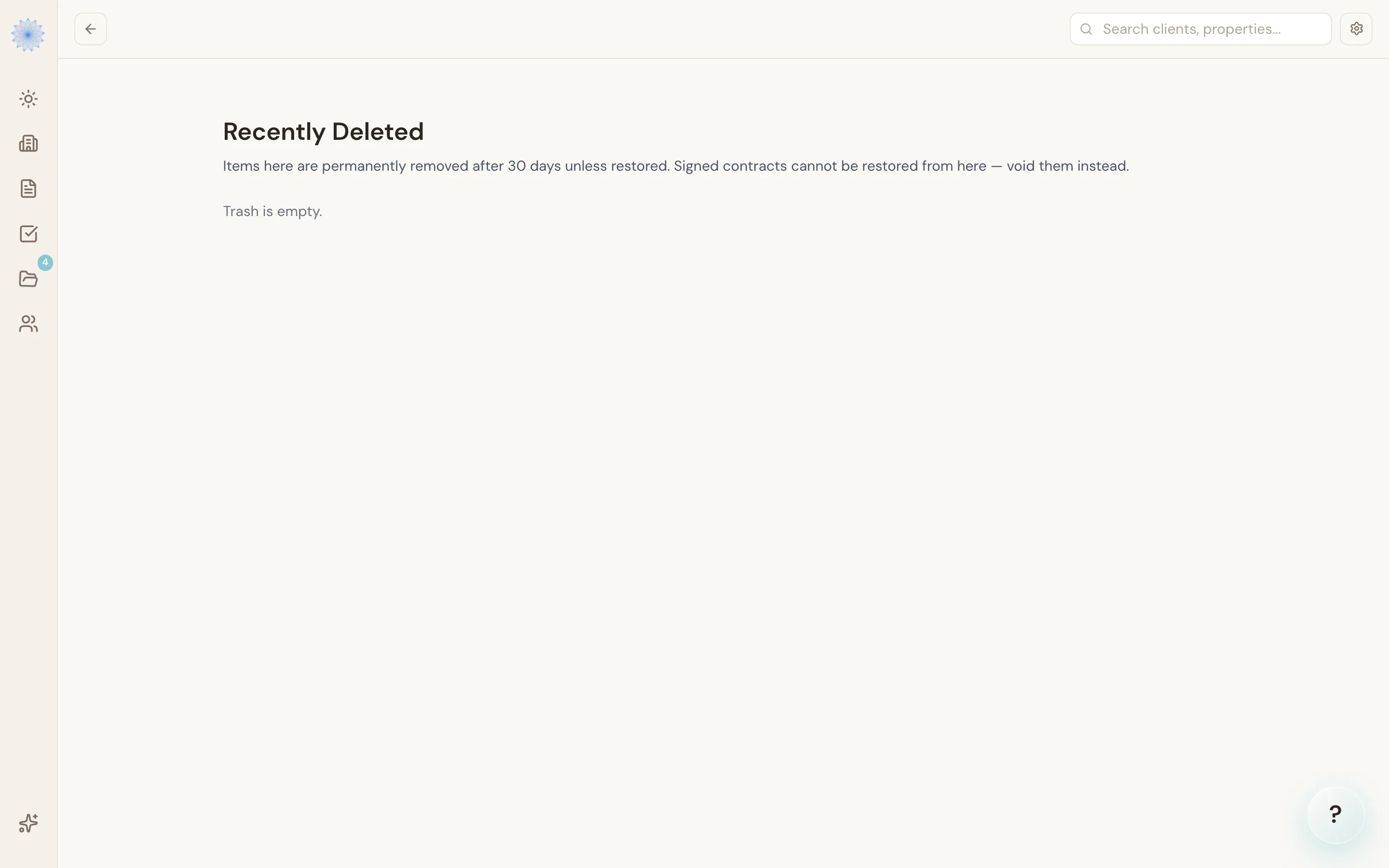 The Trash page, showing archived and deleted transactions available for recovery
